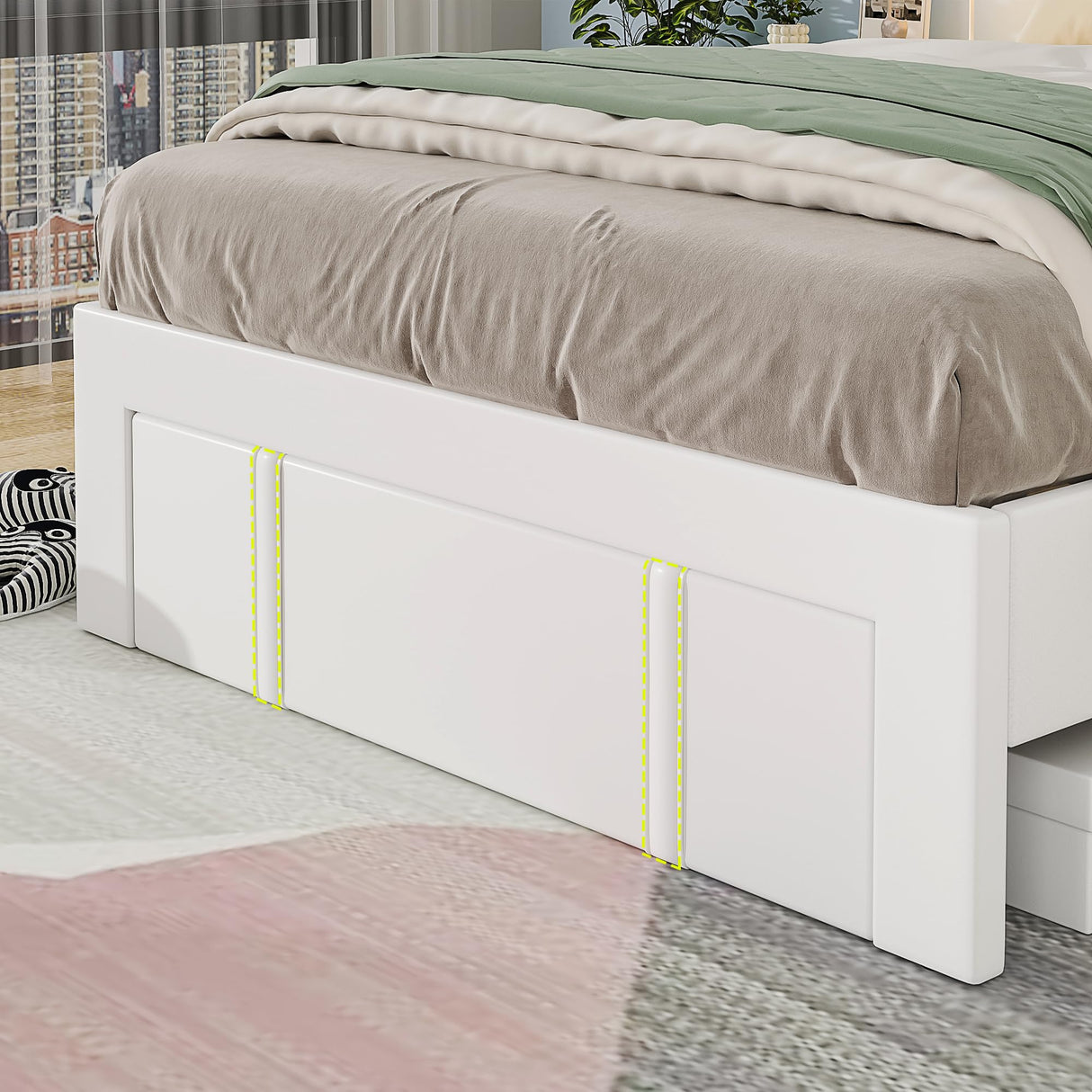 VECELO Twin Size Bed Frame with Storage Drawers, Leather Upholstered with Diamond Tufted Headboard, Solid Wood Slat Support, No Box Spring Needed, White VECELO