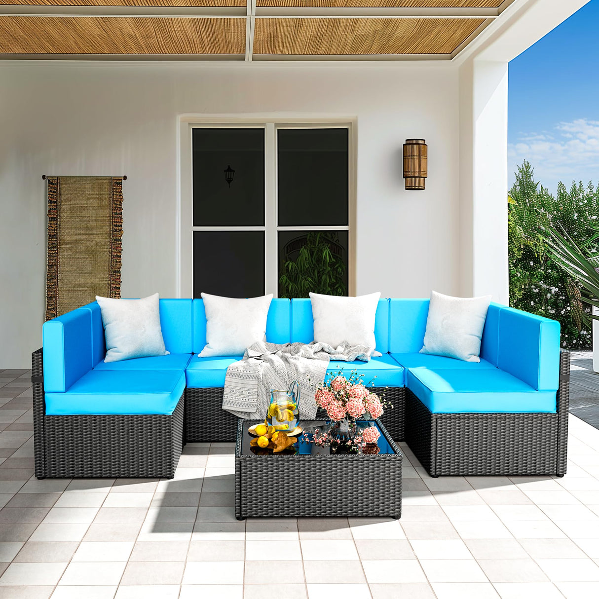 Pamapic 7-Piece Outdoor Furniture,All-Weather Wicker Modular Sectional Sofa with Patio Crystal Coffee Table, Adjustable Reclining Sectional Couch with Washable Removable Cushion Covers, Light Blue Pamapic