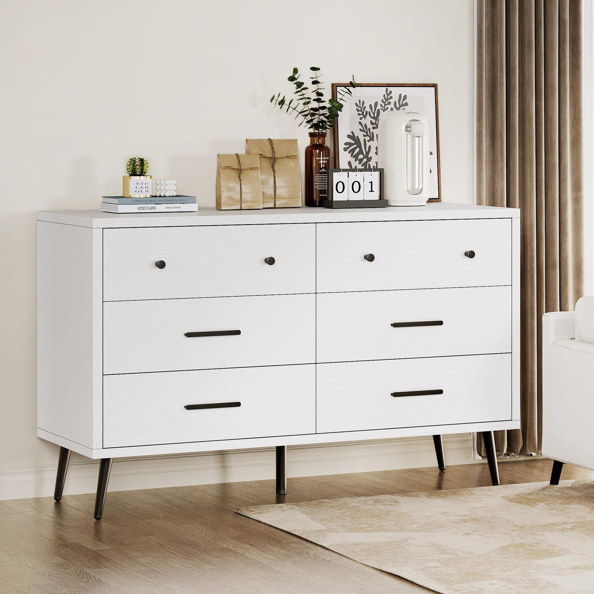 DWVO White 6 Drawers Dresser, Modern Wood Dresser Chest of Drawers with Black Metal Handle & Anti-Tipping Device, Modern Double Dresser Storage Cabinet for Hallway, Entryway, Living Room DWVO