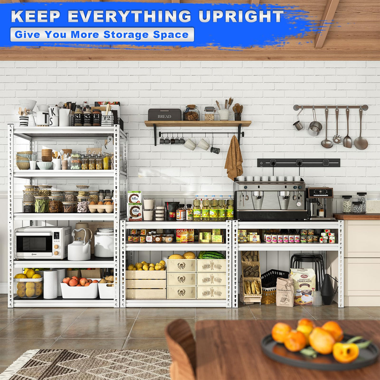 REIBII 65.74" H x 33.85" W x 15.35" D Storage Shelves, 2500LBS Adjustable Metal Shelving Unit, 5 Tier White Shelves for Pantry, Garage, Kitchen, Warehouse, White REIBII