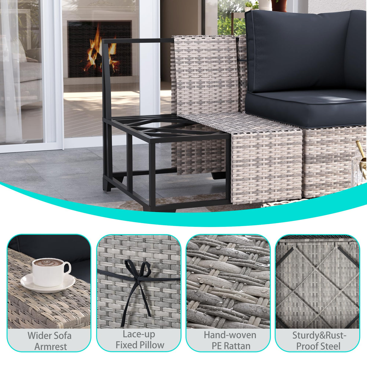 Muphyers 6-Piece Outdoor Patio Furniture Set Wicker Sectional Sofa Set, Patio Conversation Set with Thickened Cushions & Coffee Table for Garden, Backyard, Poolside, Dark Grey Muphyers