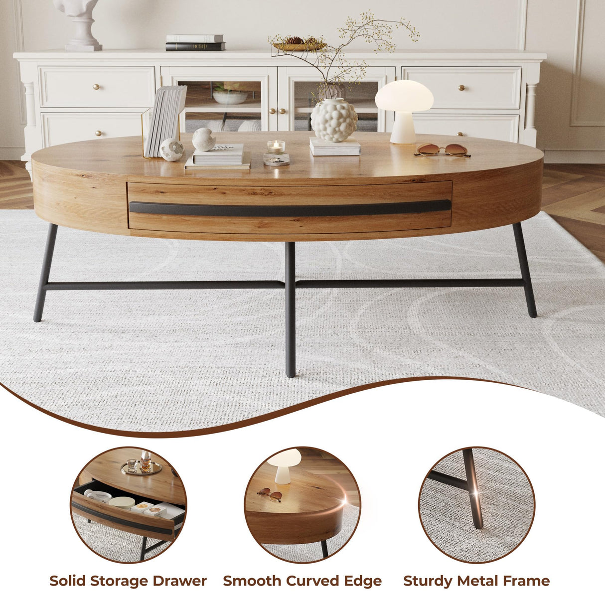 GarveeHome Oval Coffee Table with Drawer Mid-Century Modern Center Table 47.2" Wooden Coffee Table with Storage and Cross Metal Legs Unique Curved Design for Living Room GarveeHome