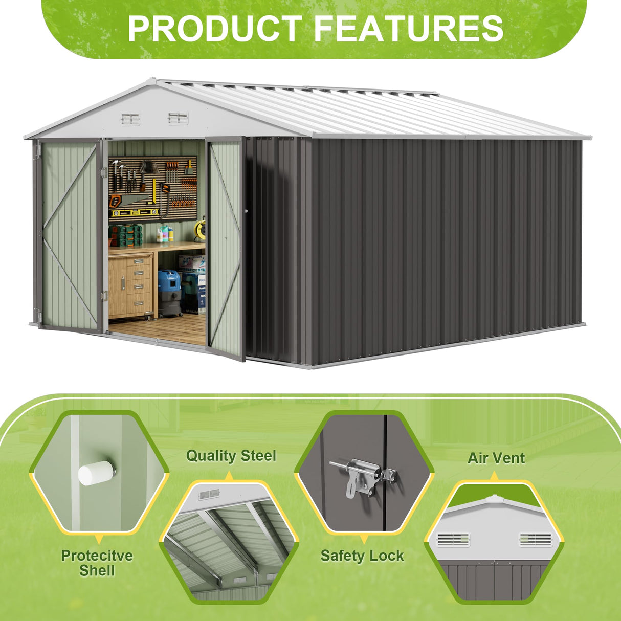 JUMMICO 10 x 10 FT Outdoor Storage Shed, Large Metal Garden Shed & Tool Sheds for Backyard Garden Patio Lawn (Grey) JUMMICO