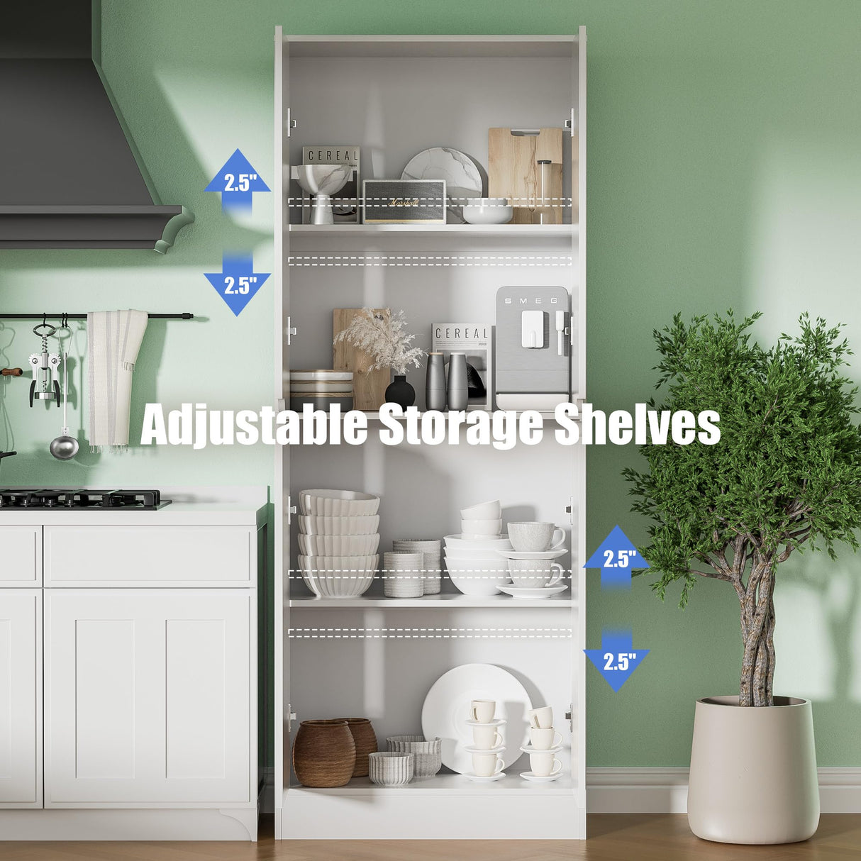 Housoul 71" Tall Freestanding Pantry Cabinet, 4 Doors with Adjustable Shelves, Larder & Kitchen Hutch Cabinet for Dining Room, White Housoul