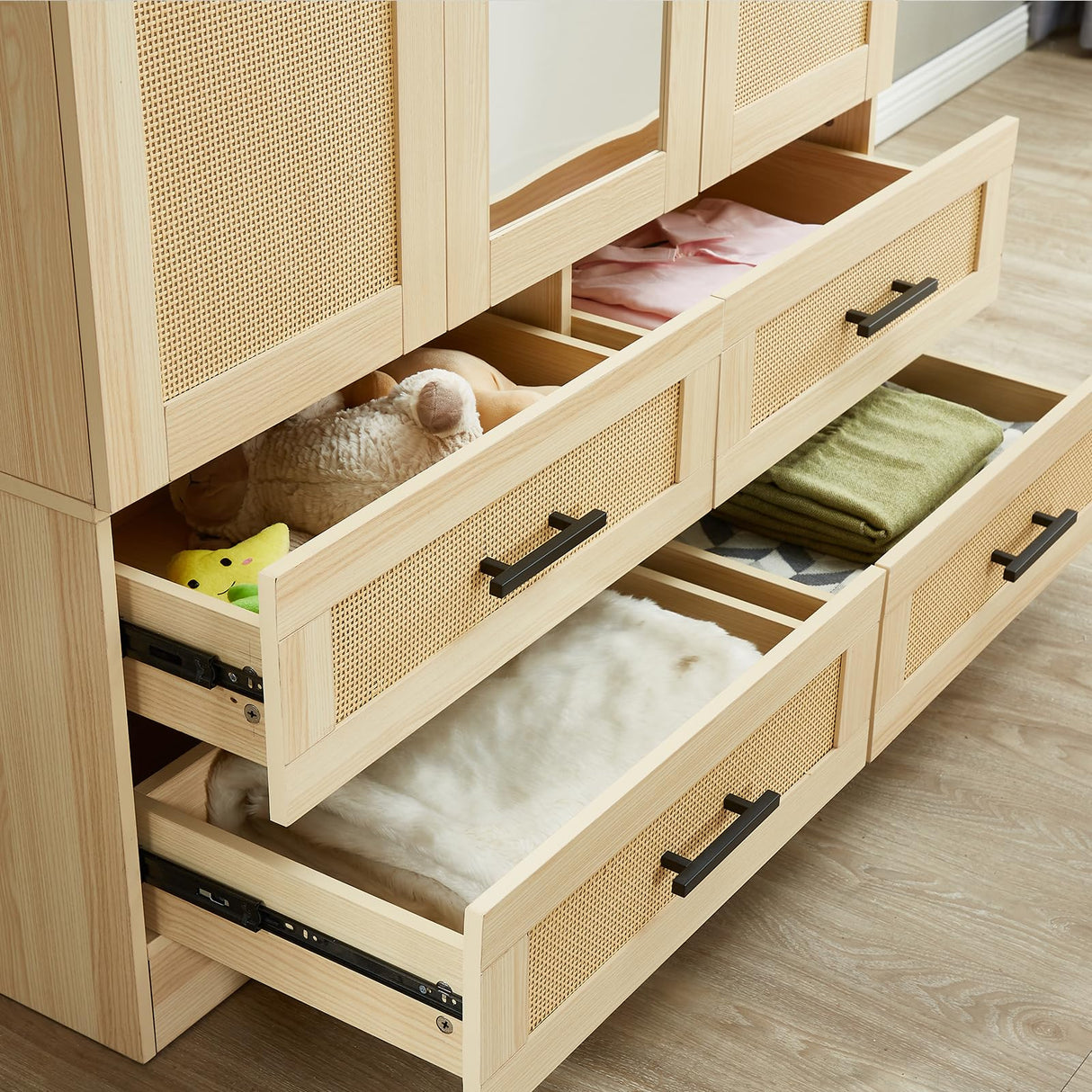 Sophshelter Rattan Armoire Wardrobe Closet: Wardrobe Closet with 4 Drawers Wardrobe Closet with 3 Doors Tall Armoire Closet with Mirror for Bedroom 47.24''W x 18.9''D x 70.9''H Sophshelter