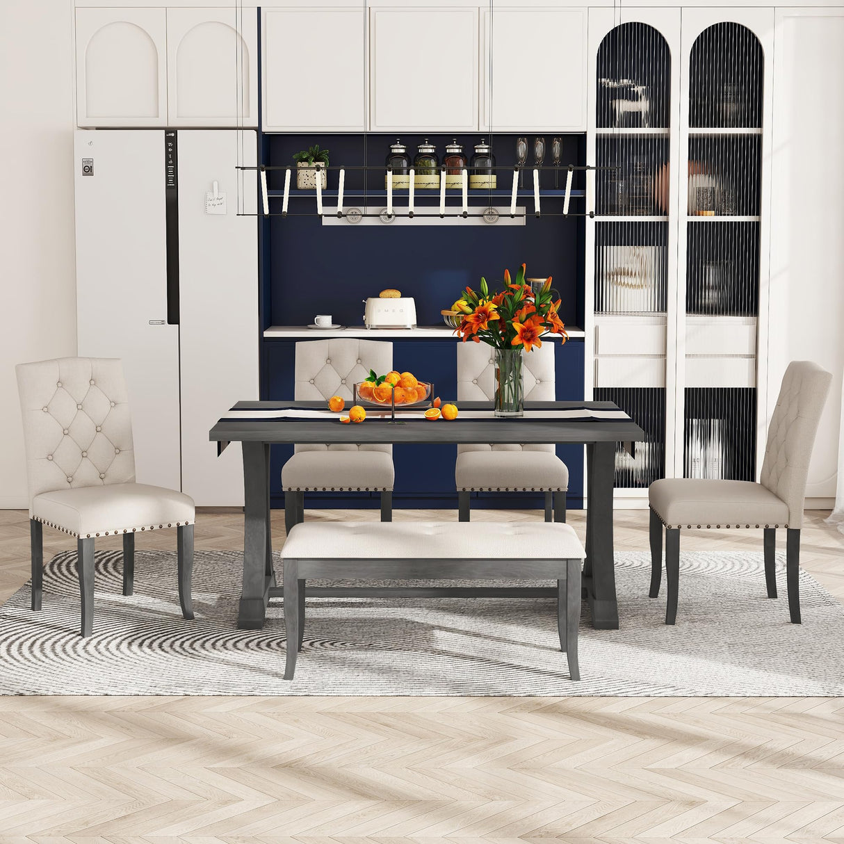 Farmhouse Dining Table Set for 6, Kitchen Table Set with Chairs and Bench, 6 Piece Solid Wood Dining Room Set with Trestle Table Legs for Kitchen, Dining Room (Antique Grey) Mirightone