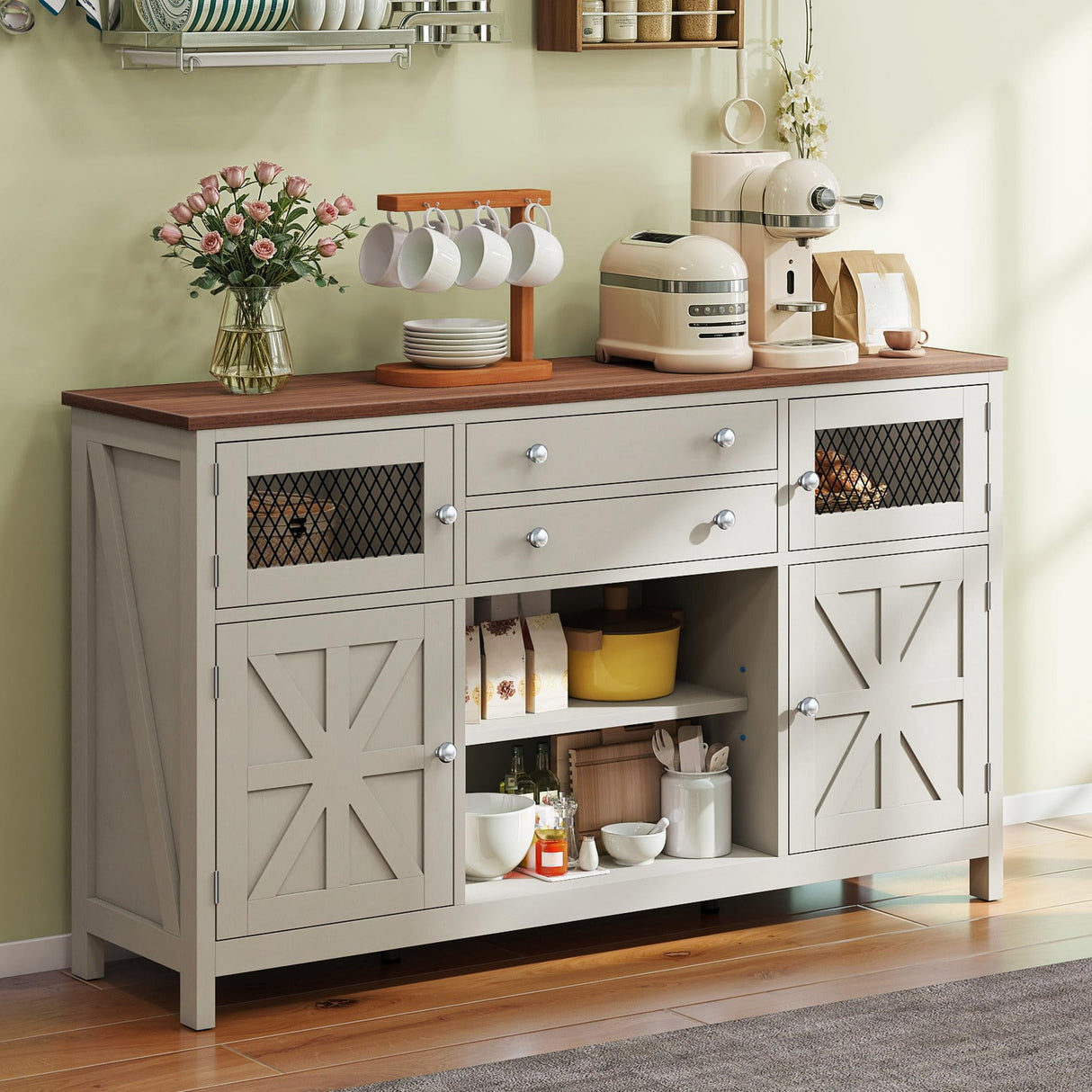 YITAHOME Farmhouse TV Stand for 65/55 Inch Television, Entertainment Center Television Stand with Drawers & Door, 59" Media Console TV Cabinet for Living Room, Antique White YITAHOME