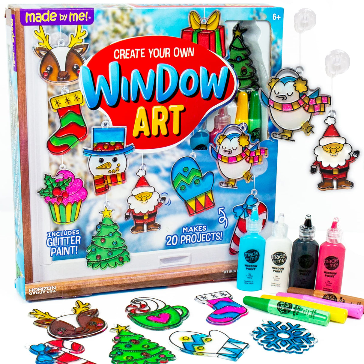 Made By Me Create Your Own Holiday Window Art by Horizon Group USA, Make 20 Projects, Includes Winter-Themed Suncatcher Frames & Window Clings, Glitter Paint, Paint Tubes, Suction Cups & Cording Made By Me