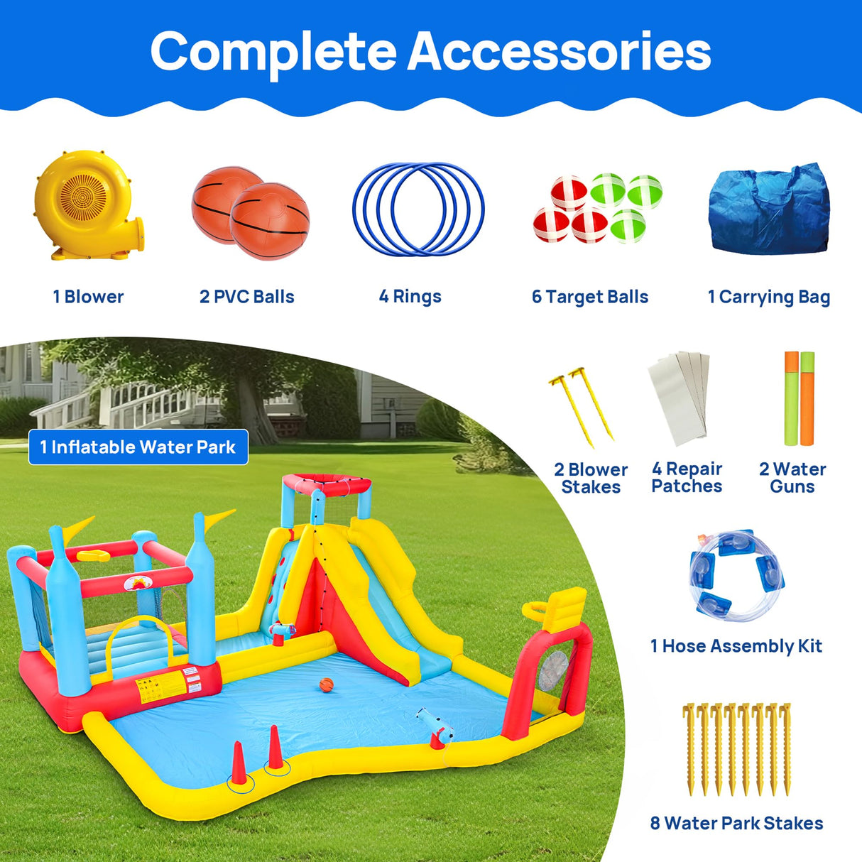 WELLFUNTIME Inflatable Water Slides Park with Blower, Bouncy Castle with Climbing Wall, Dual Water Cannons, Dual Basketball Hoops, Dartboard, Ring Toss, Deep Pool WELLFUNTIME