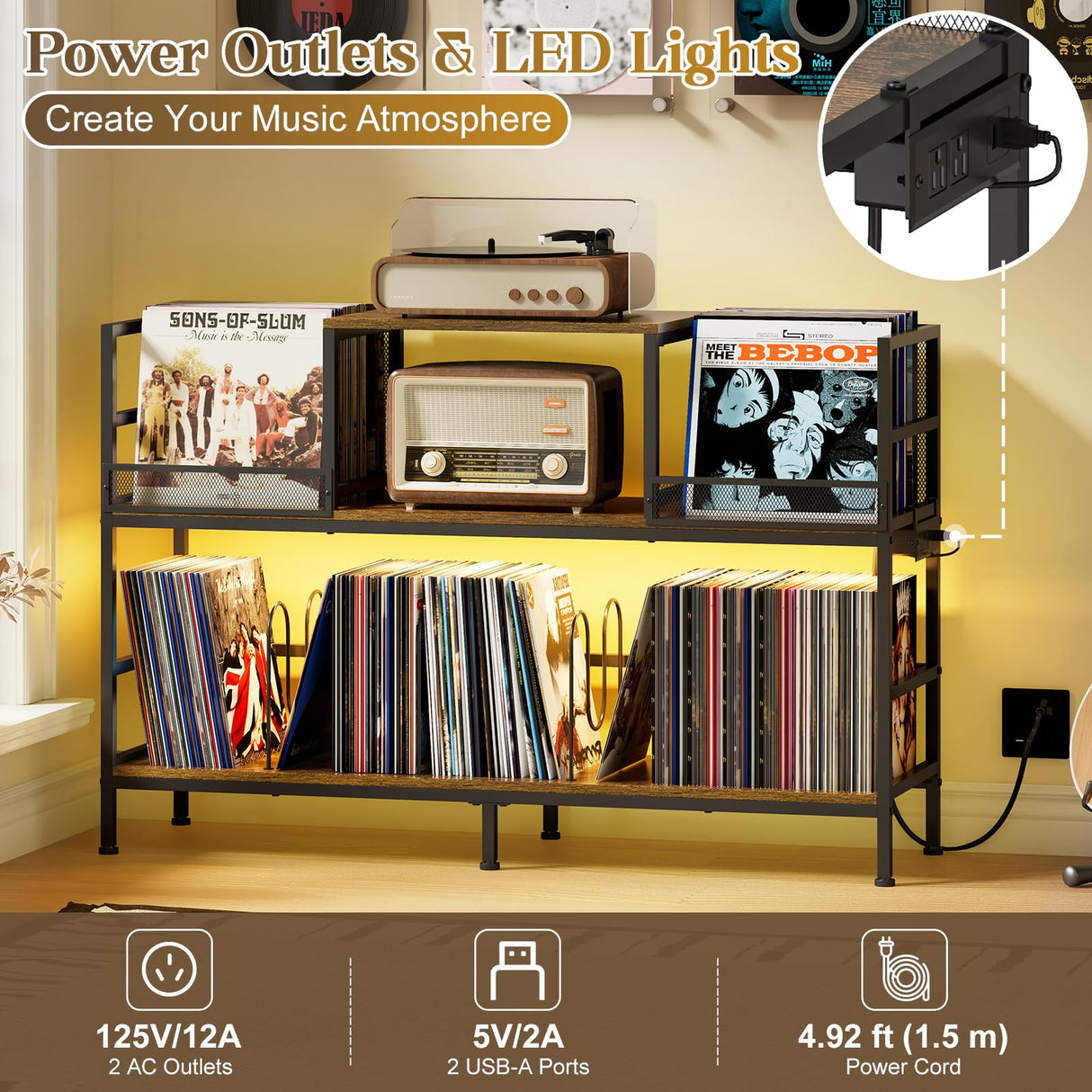 Record Player Stand with Power Outlets & LED Lights, Turntable Stand Cabinet Holds 350+ Vinyl Records, Storage Shelf with 3 Adjustable Dividers for Living Room Audio Video, Gift for Vinyl Lover Sonyabecca