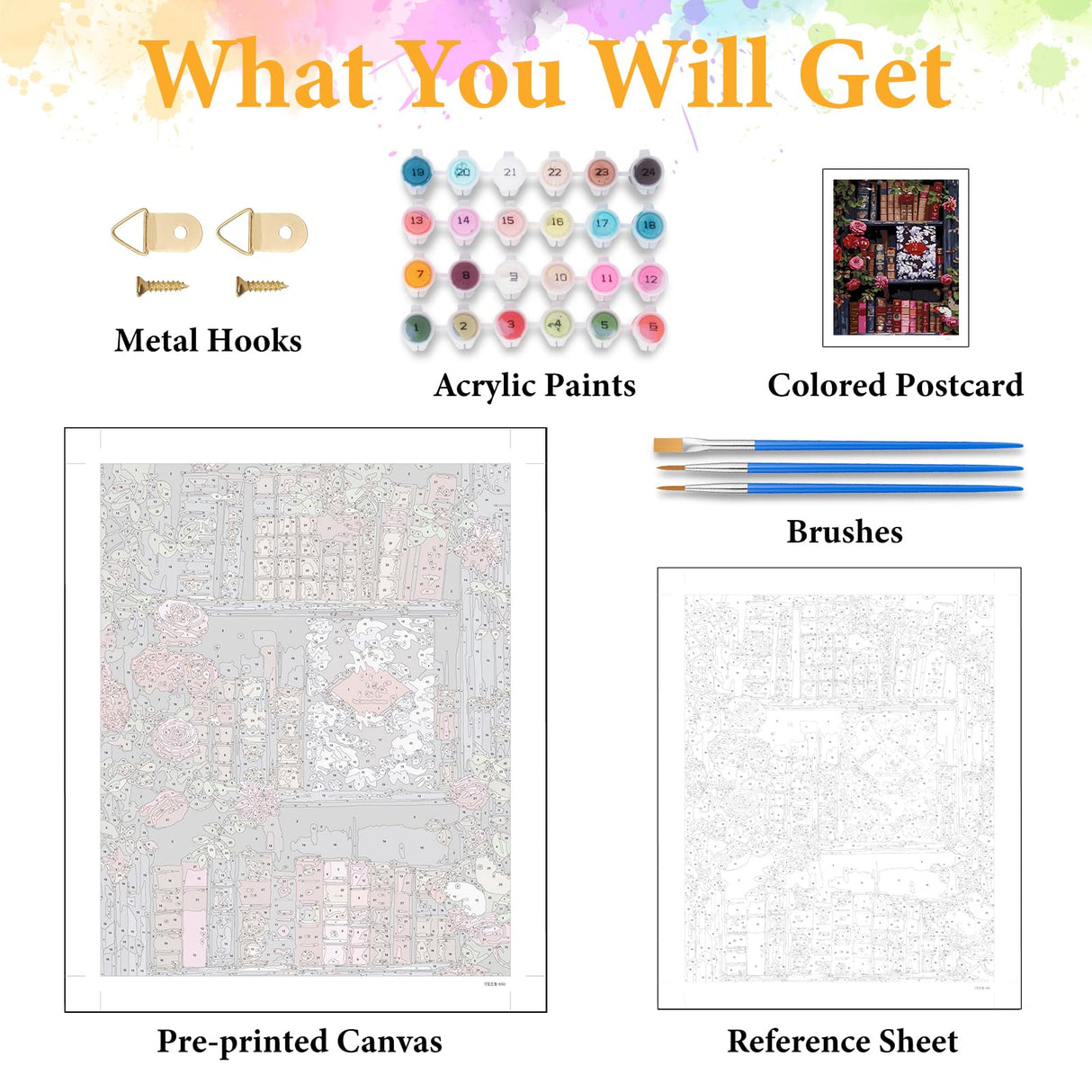 Paint by Numbers Kit for Adults Beginner Bookshelf, Rose Flower Adult Paint by Number Kits on Canvas, Book DIY Acrylic Oil Painting by Numbers for Adults, Perfect for Home Wall Decor 16X20 Inch Okarina