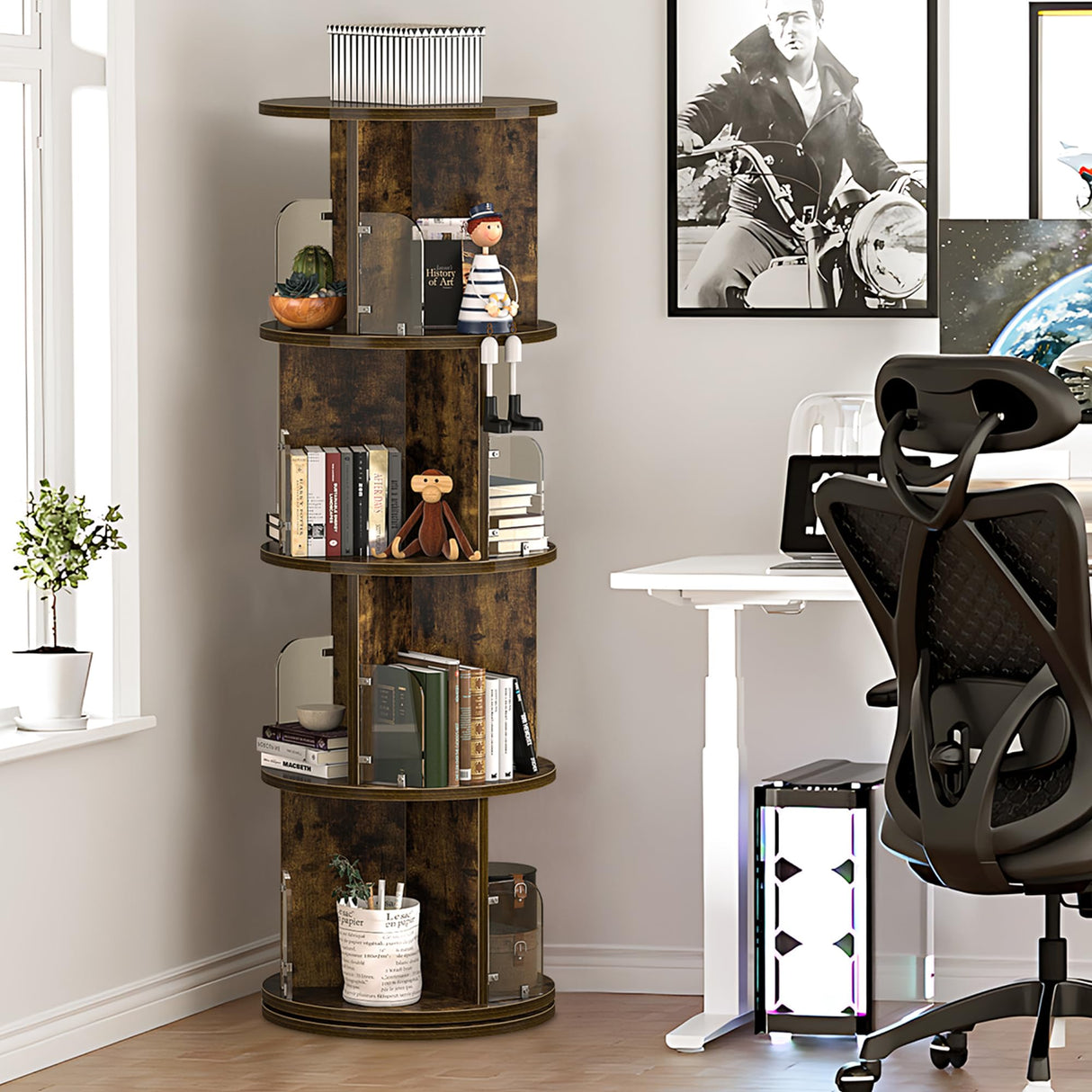 VECELO 4 Tier Revolving Bookshelf Tower, 360° Display Floor Standing Storage Rack with Acrylic Visible Window Partition for Bedroom, Living Room Home and Office, Brown VECELO