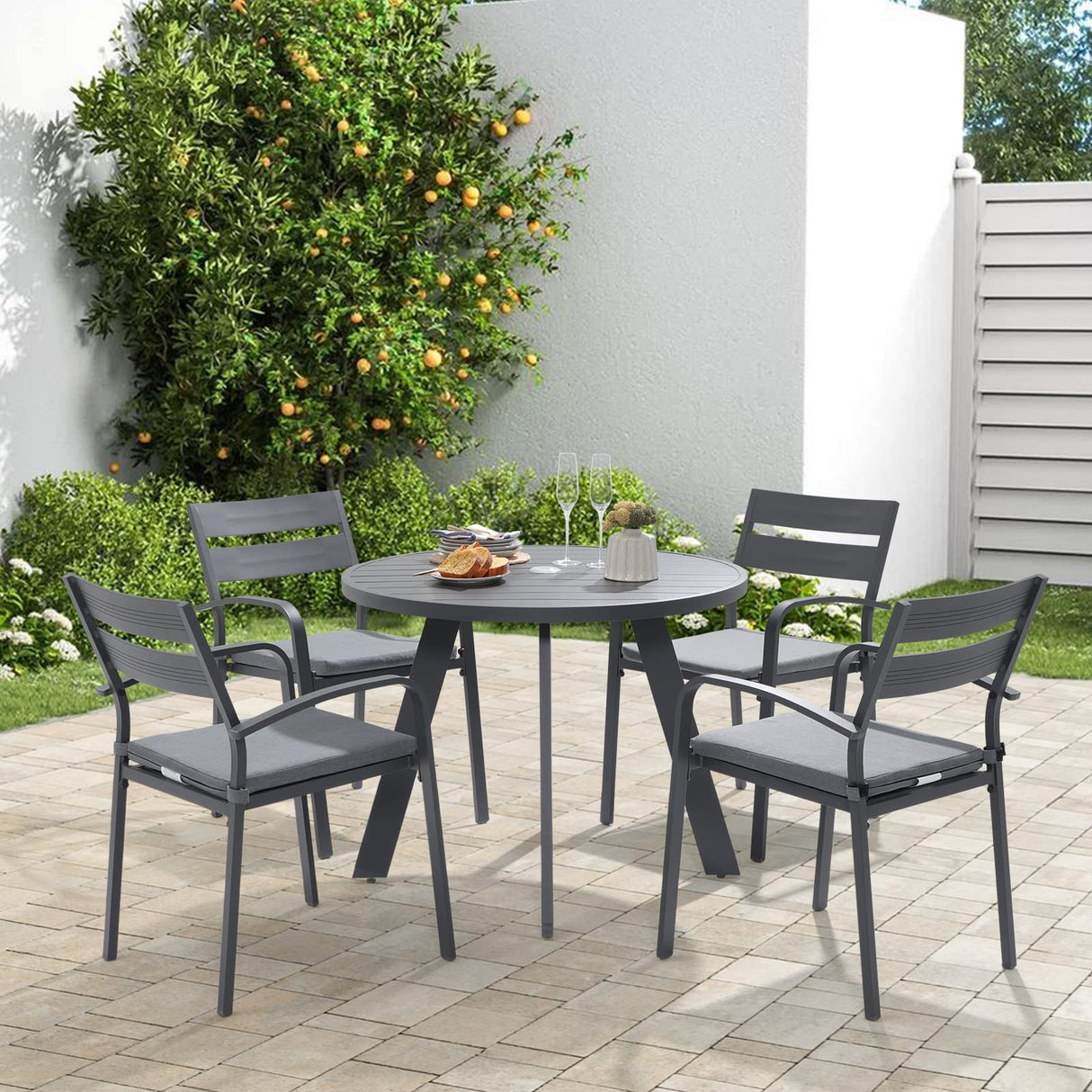 Soleil Jardin 5 Piece Outdoor Dining Set, Aluminum Patio Furniture Dining Set with Round Dining Table w/Umbrella Hole and 4 Stackable Chairs w/Cushions for Yard, Garden, Porch and Pool, Dark Gray Soleil Jardin