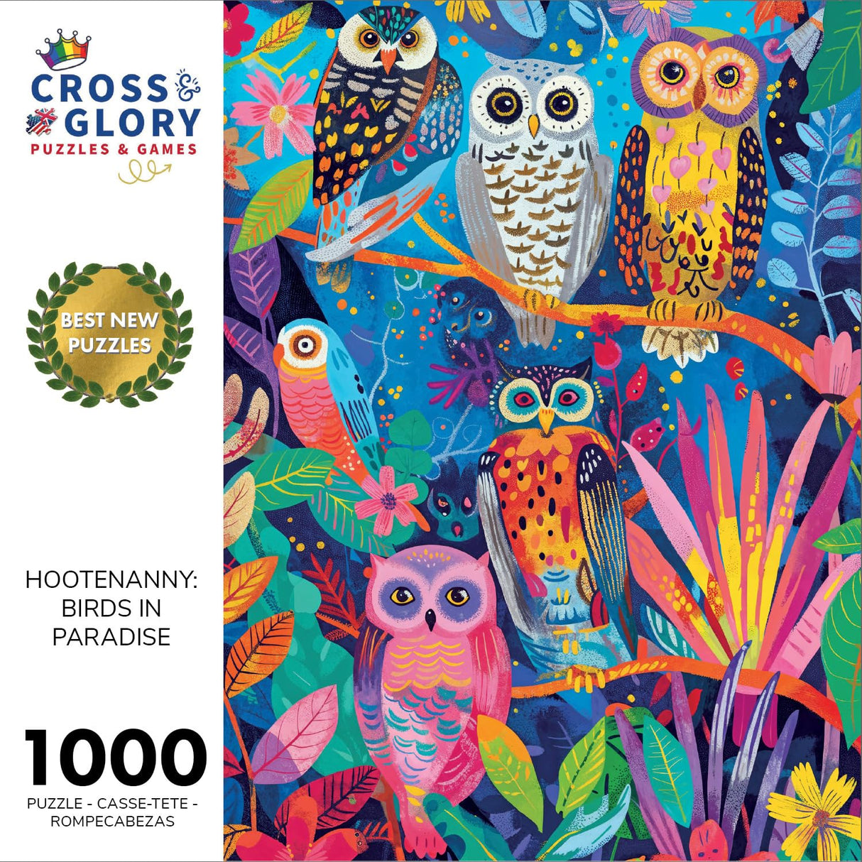 Cross & Glory - Hootenanny: Birds in Paradise - 1000 Piece Jigsaw Puzzle for Adults | Vibrant Indian Garden & Owl Design | Challenging and Artistic Cross & Glory