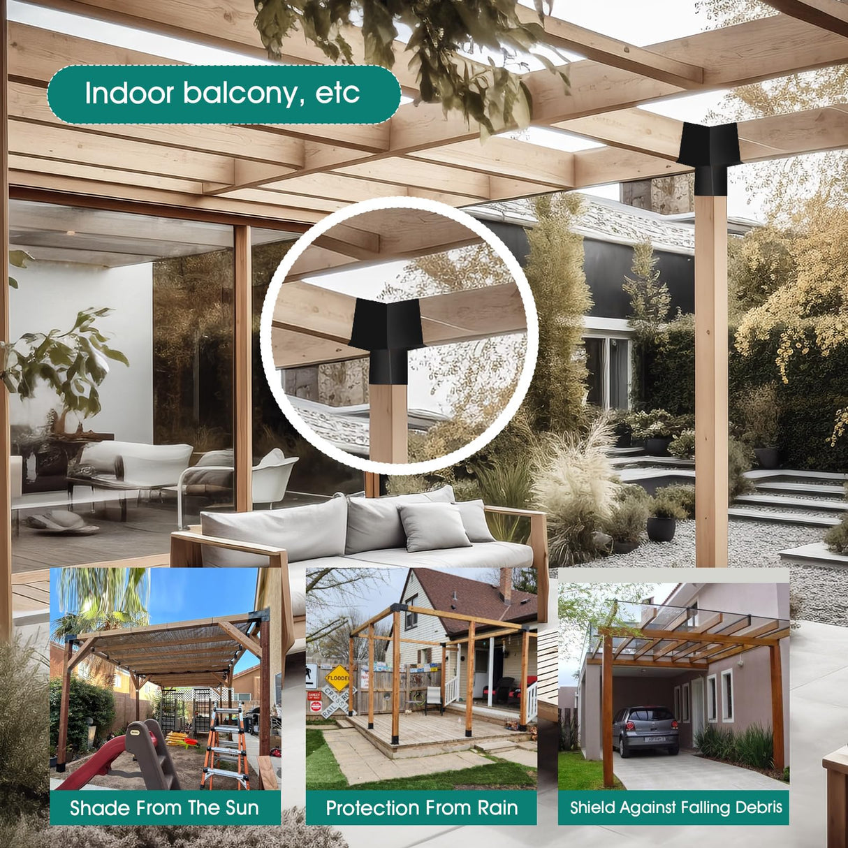 TOPTGO 3 PCS Pergola Brackets Kit,15° 4-Way Slanted Roof Pergola Bracket Set 4x4 (Actual: 3.5x3.5 in),Angle Corner Bracket with Post Base for Wooden Beams Lumber Gazebos Patio Pergola Sheds TOPTGO