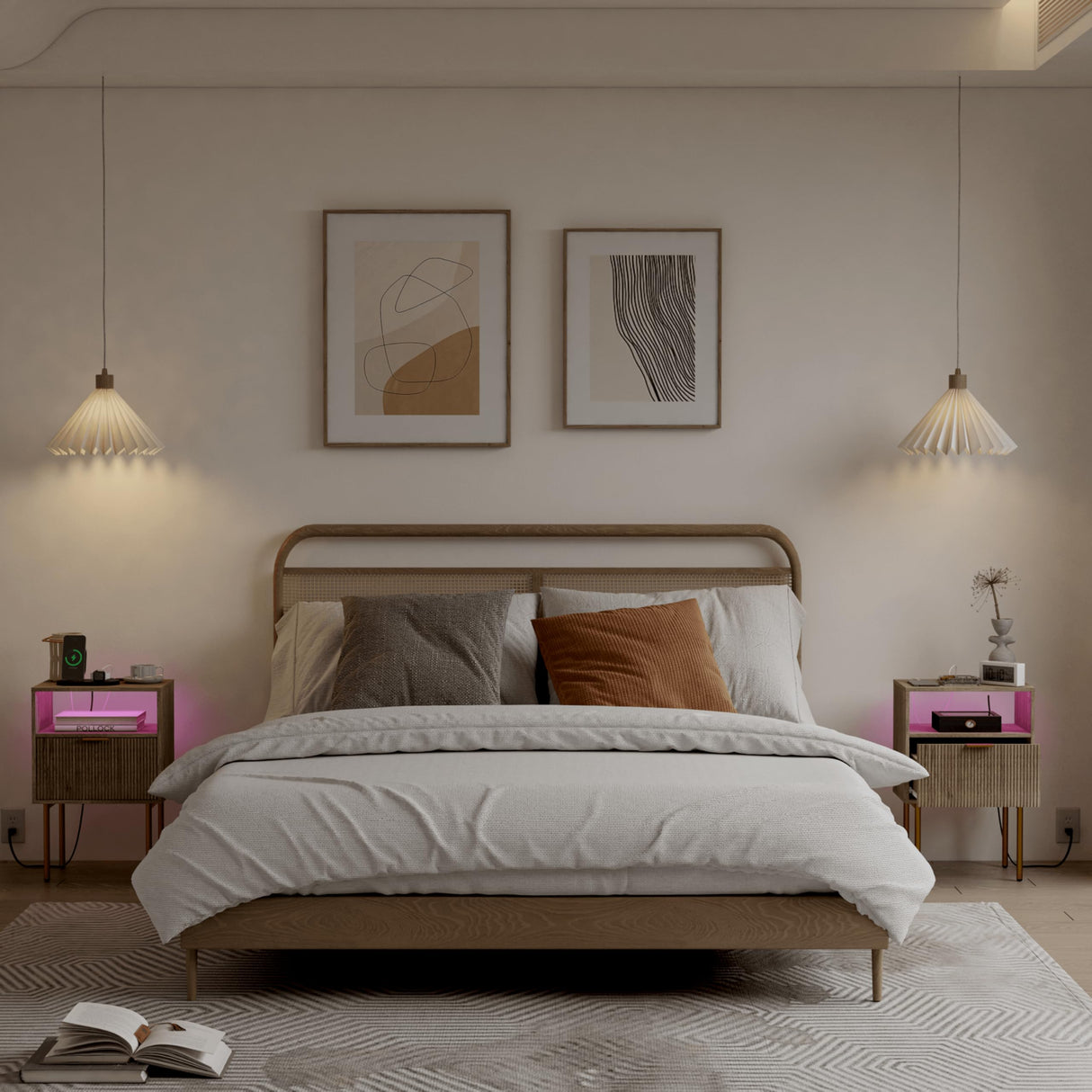 JOONEE Modern Nightstand with Charging Station and LED Lights, White Bedside Table with Drawer, Fluted Side Table for Living Room, Bedroom JOONEE