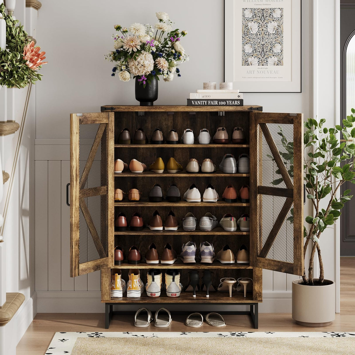 Maupvit Farmhouse Shoe Cabinet with Doors, 6-Tier Shoes Rack Shoe Storage Organizer with Adjustable Shelves & Metal Legs, Rustic Shoe Storage Cabinet for Entryway, Hallway, Closet, Living Room Maupvit