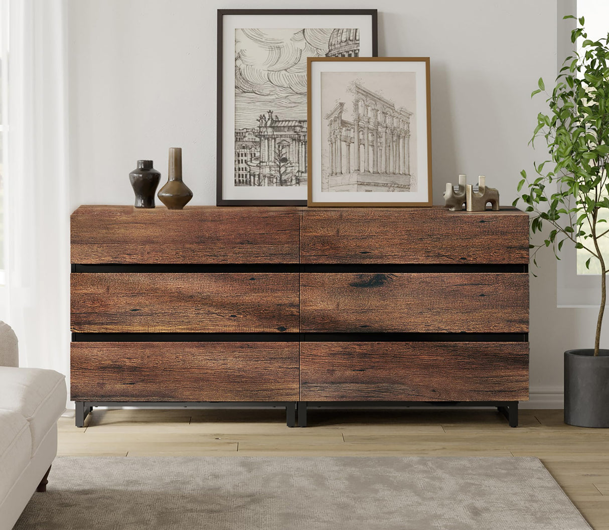 WAMPAT Dresser for Bedroom, Closet Organizers and Storage with 6 Drawers, Chest of Drawers with Metal Base, Modern Wood Dresser for Living Room, Entryway, Brown WAMPAT