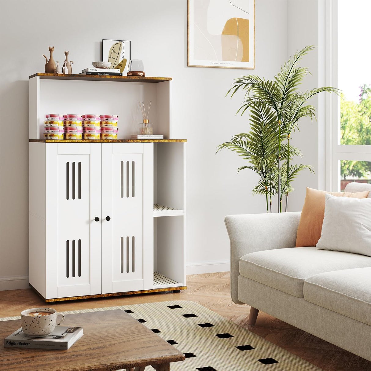 Rovibek Cat Litter Box Enclosure for 2 Cats, Litter Boxes Furniture Hidden with Storage, Cat Litter Cabinet with Scratch Mat, Fit Most of Litter Box, White Rovibek