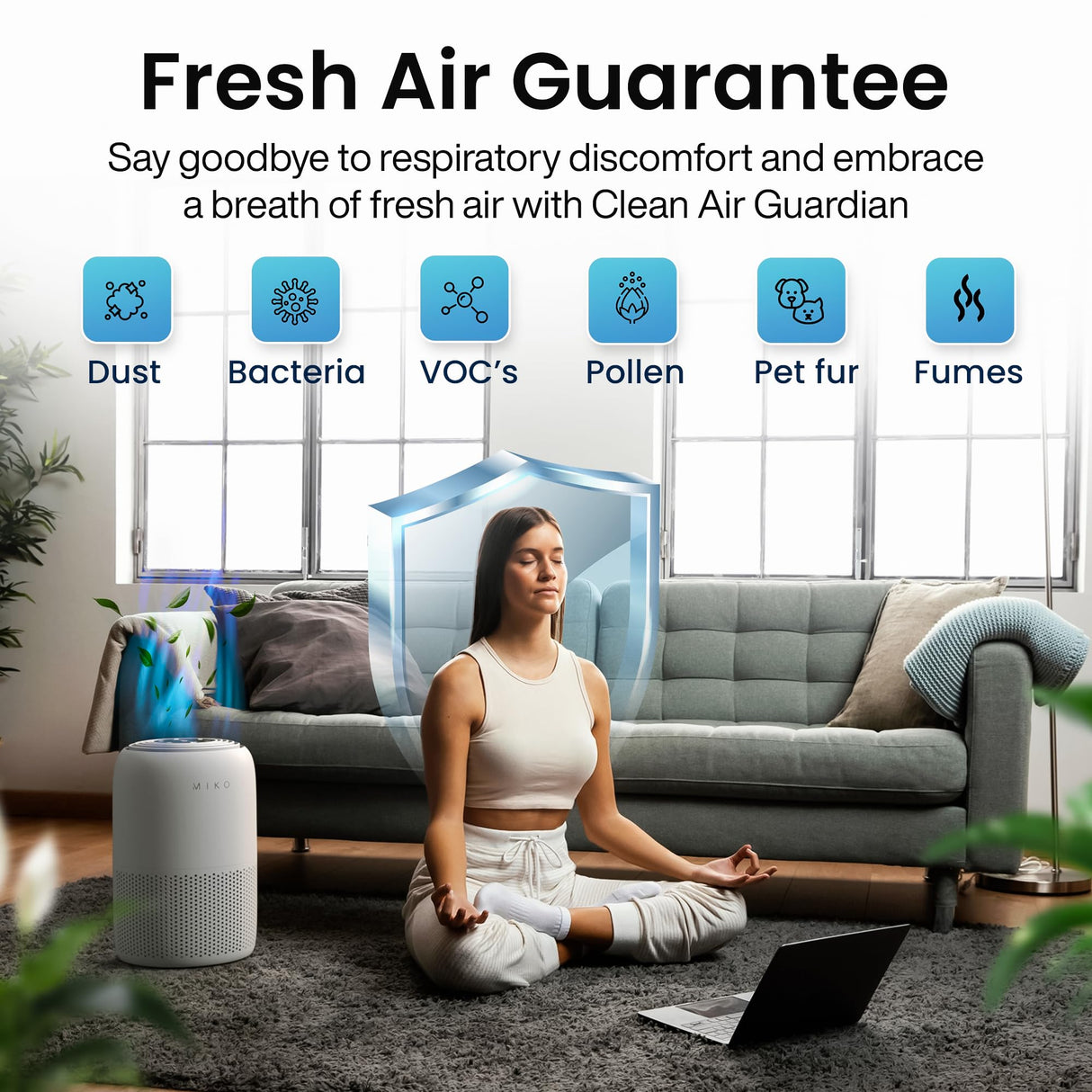 MIKO Air Purifier for Bedroom with 3-in-1 HEPA Filter & Sleep Mode, Whisper Quiet, Covers Up to 1200 ft, Smart Wi-Fi App Control - Removes Smoke, Allergens, Pets Hair, Dust, Odors, Pollutants MIKO