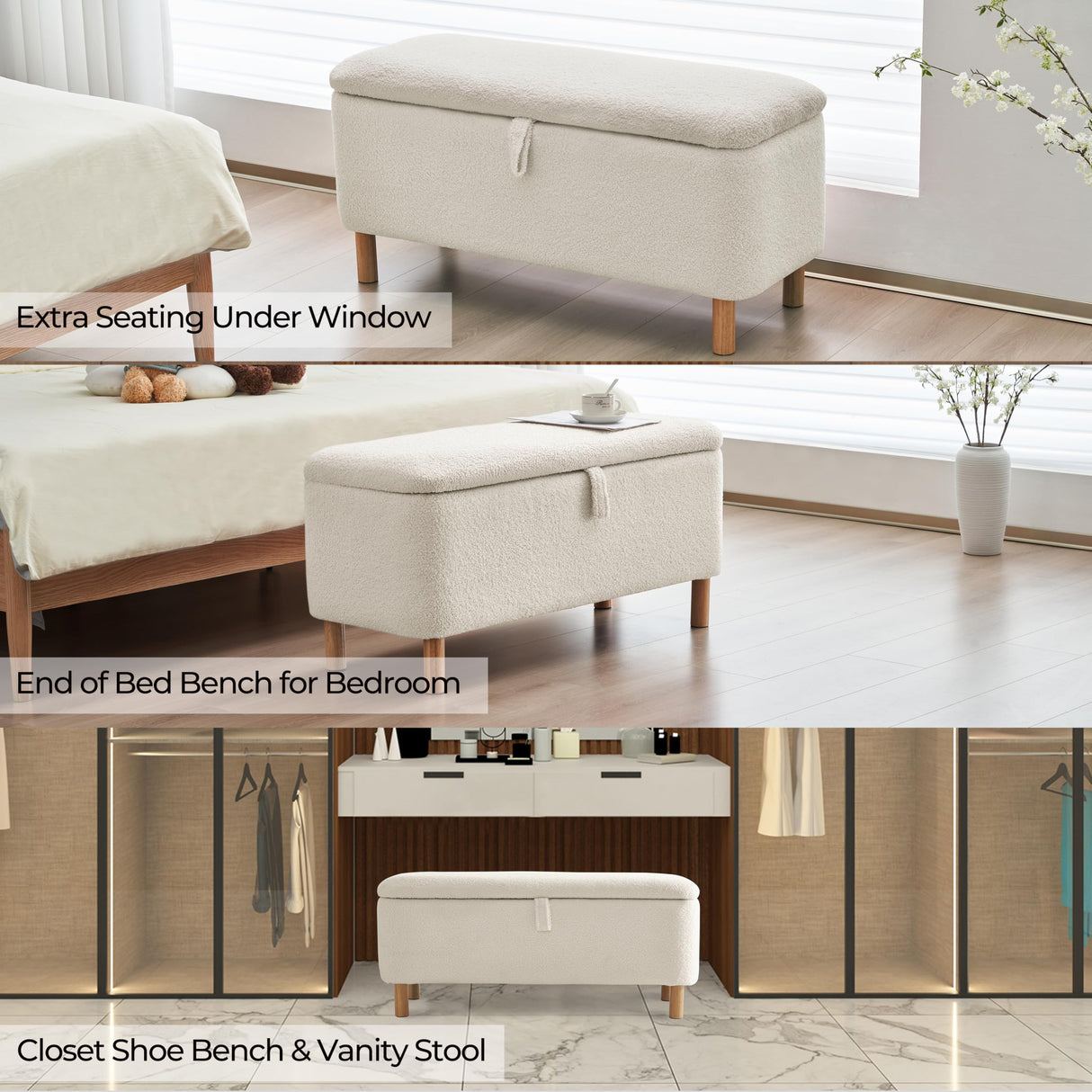 Boucle Storage Ottoman Bench for Bedroom end of Bed, Sherpa Upholstered Shoe Seat Storage Beach for Entryway Bed Foot, Rectangle Cushion Padded Blanket Chest Cute for Living Room, Off White Comfort Stretch