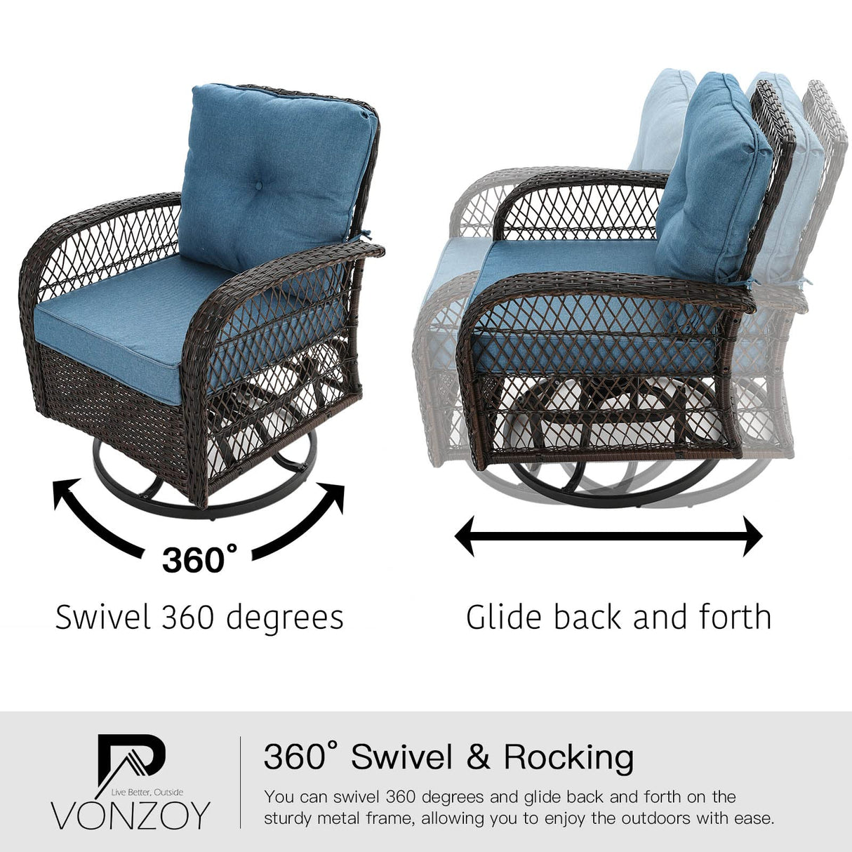 VONZOY 3 Pieces Patio Furniture Set, Outdoor Swivel Glider Rocker, Wicker Patio Bistro Set with Rocking Chair, Thickened Cushions and Table for Porch (Blue) VONZOY