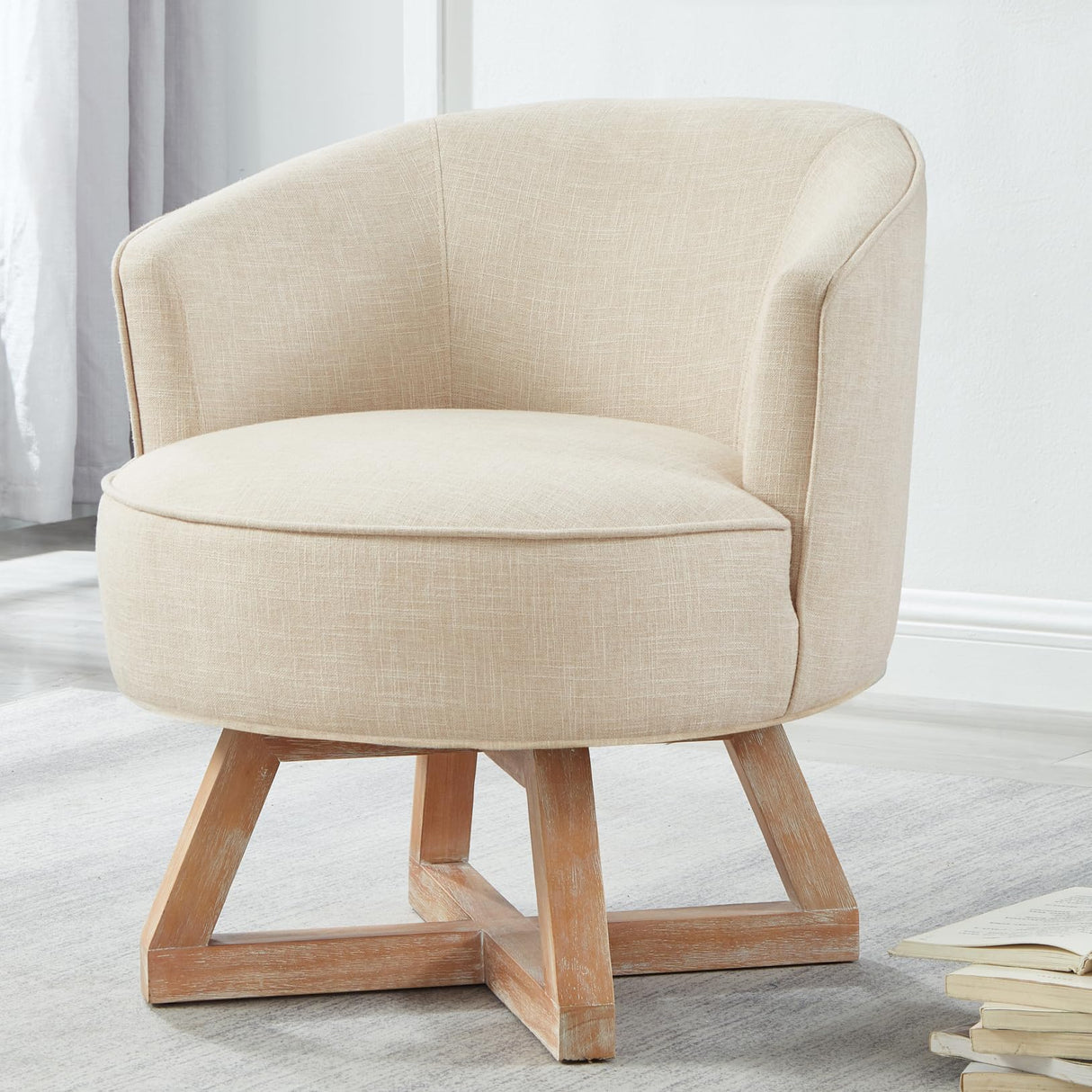 NoeBanJe Swivel Accent Chair, Farmhouse Retro Swivel Chair, Dressing Chair, Linen Fabric Upholstered Reading Chair with Wood Base Bucket Chair for Living Room, Bedroom, Office, Dresser (Beige) NoeBanJe