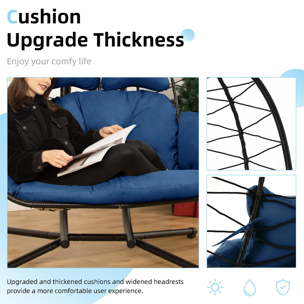 Double Egg Chair wth Stand Hammock Swing Chair Foldable Hanging Loveseat, UV Resistant Removable Cushions, 700LBS Capacity for Bedroom, Balcony, Garden(BK-BL) DoubleTT