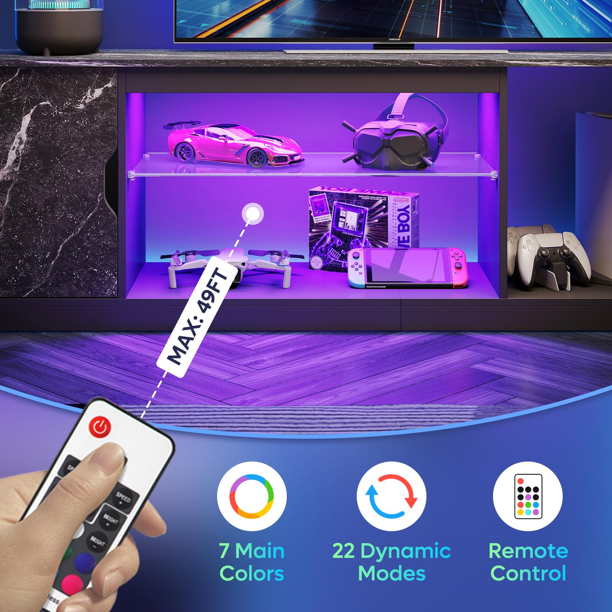 Bestier TV Stand for 65/70/75/80 inch TV, 70 inch LED Entertainment Center with Storage for PS5 Xbox, Modern TV Console Table for Living Room Bedroom, Adjustable Glass Shelf, Black Marble Bestier