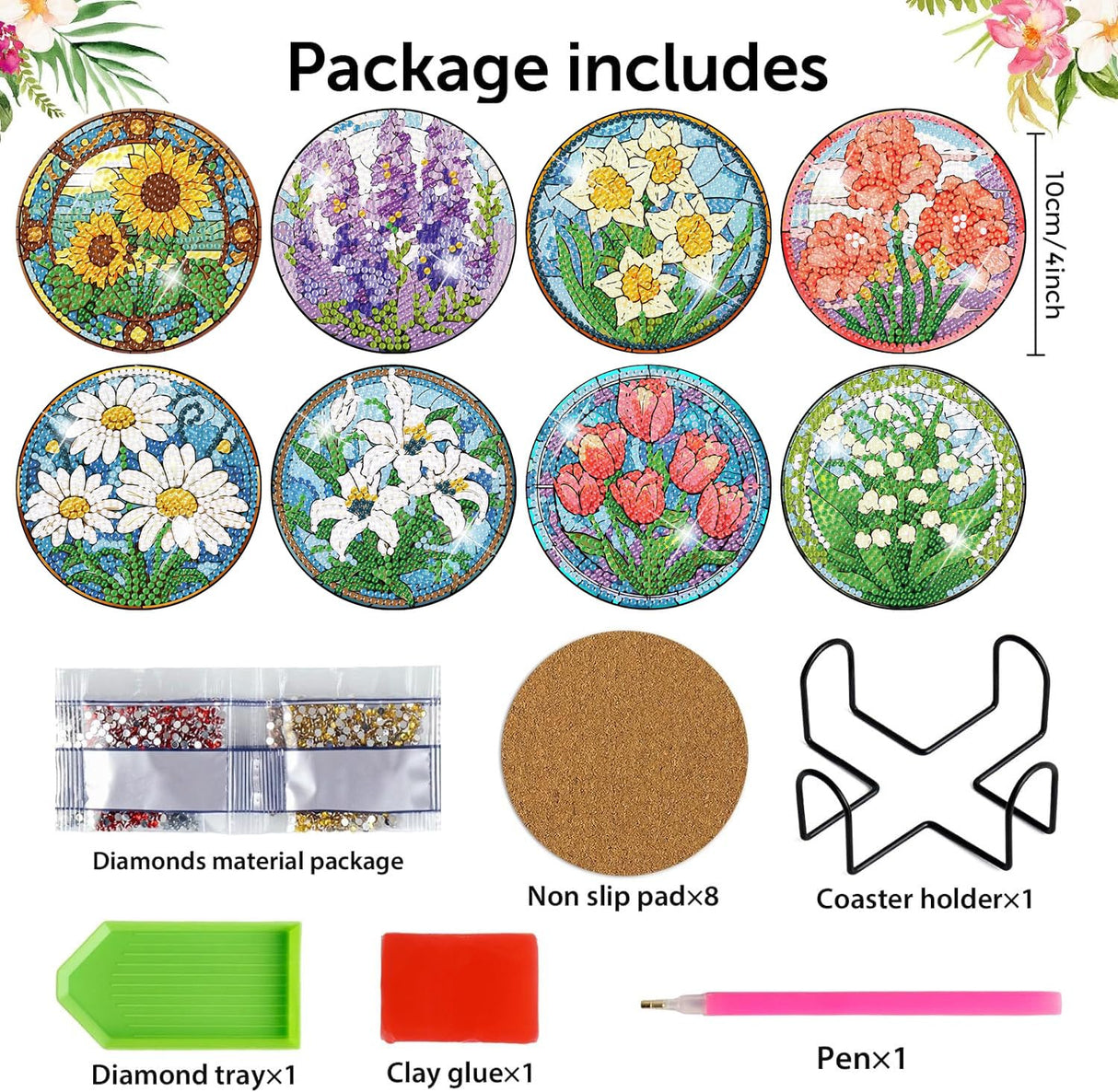 croshom 8 PCS Flowers Diamond Art Coasters Diamond Painting Coasters Kits with Holder Flowers DIY Coaster for Adults Beginners, Diamonds Art Crafts Supplies Sunflowers croshom