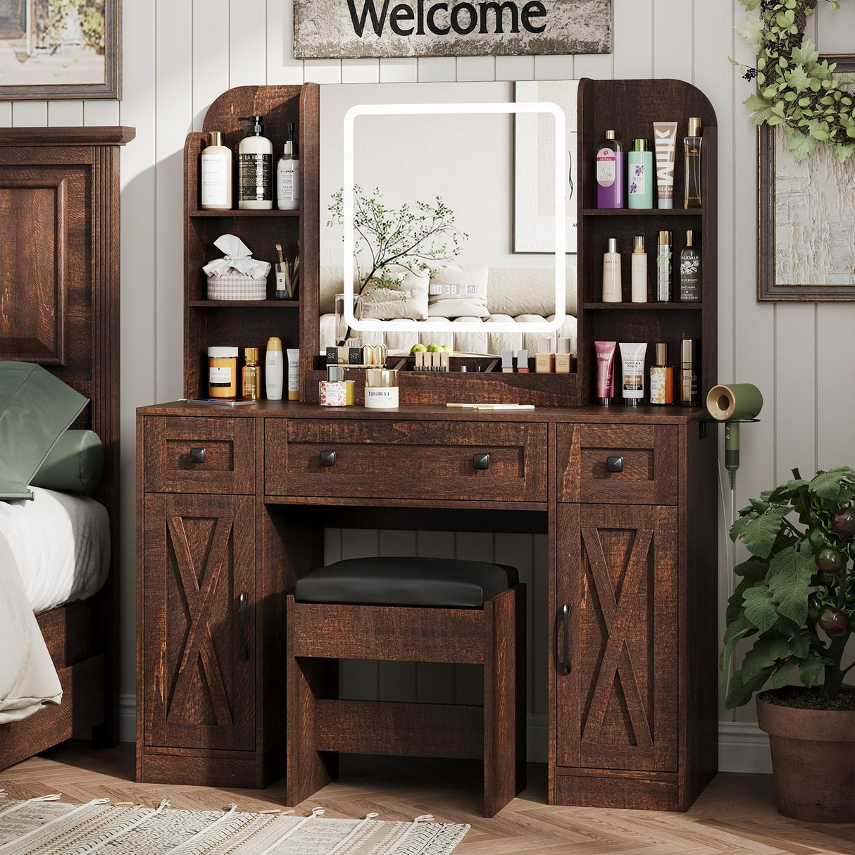 Vabches Makeup Vanity Desk, Vanity Mirror with Lights Desk and Chair,Makeup Table with 3 Large Drawers and 2 Cabinets, Time and Temperature Display, 3 LED Lighting Modes Adjustable, Brown Vabches