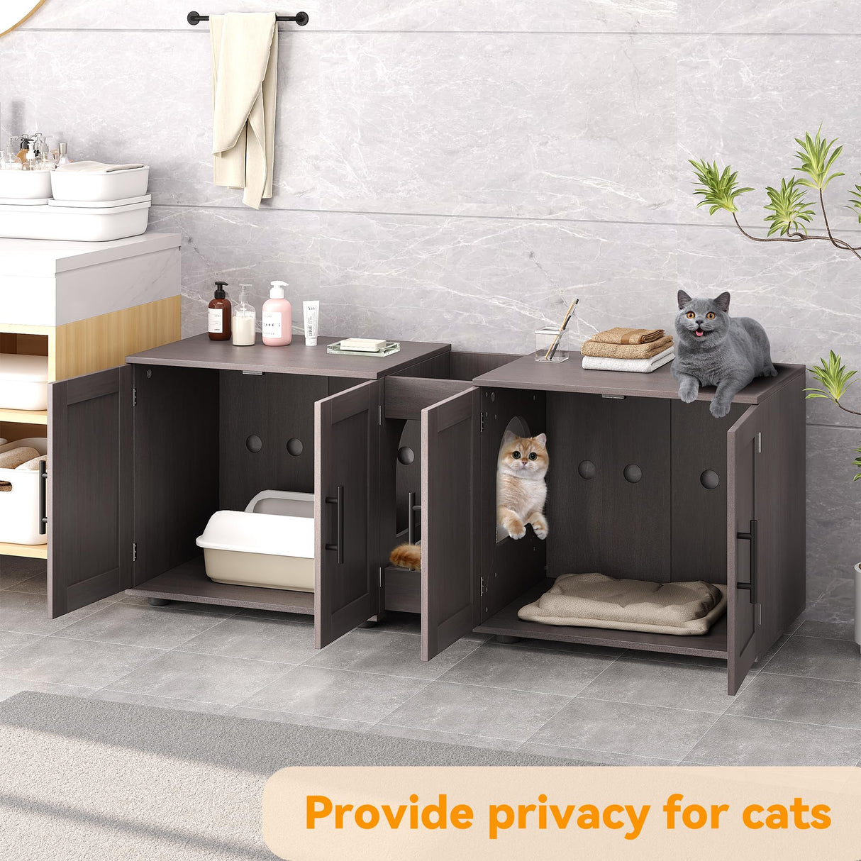 Festisoul Double Compartment Cat Litter Box Enclosure with Hidden Design, Wooden Cat Washroom Furniture for Indoor Cats, Hidden Litter Box Cabinet in Hidden Mountain Walnut Festisoul