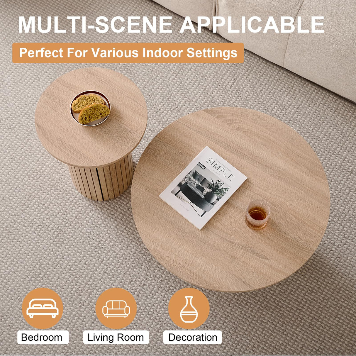 Lecafur HL Round Nesting Coffee Tables Set of 2 -φ27.6 Large Short + φ15.8 Small Tall Boho Circle Side Tables with Fluted Drum Design Lecafur HL