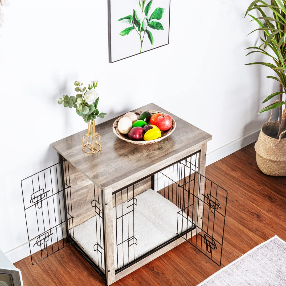 DWANTON Dog Crate Furniture with Cushion, Wooden Dog Crate with Double Doors, Dog Furniture, Dog Kennel Indoor for Small/Medium/Large Dog,End Table, Small, 27.2" L, Greige Dwanton