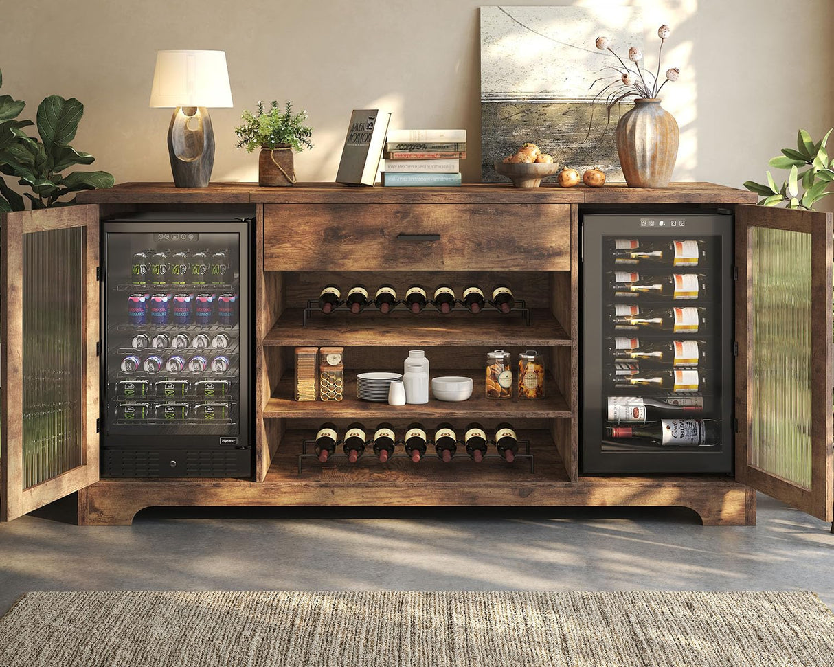 HSH Bar Cabinet with Mini Fridge Space, 70.9” Large Wood Wine Cabinet with Cooler Space, Farmhouse Long Liquor Cabinet with Drawer Storage, Metal Sideboard Buffet for Kitchen Dining Room, Rustic Brown HSH
