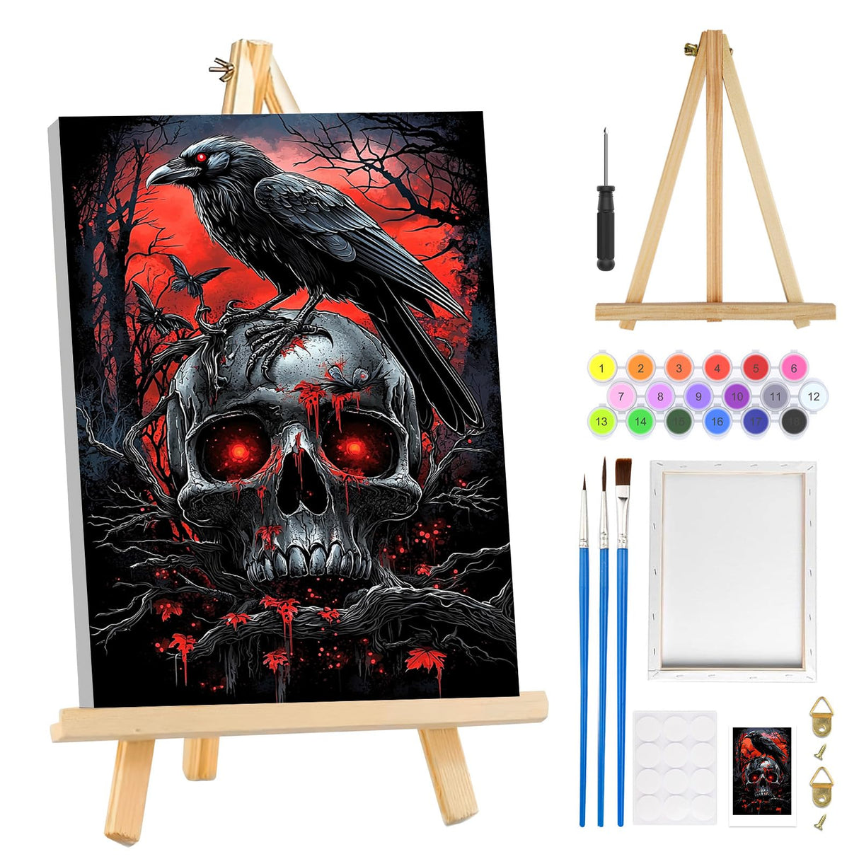 MOGTAA Halloween Paint by Numbers Kit for Adults Beginners with Frame, Skull Adult Paint by Number Kits on Canvas with Easel, Easy DIY Birds Oil Painting Kits for Home Decor, 8x12in MOGTAA