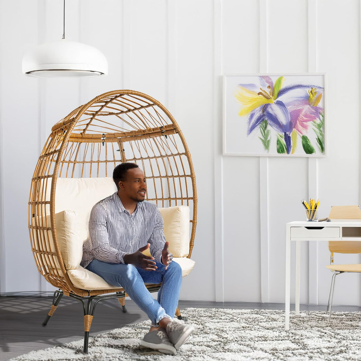 Maple99 Wicker Egg Chair Outdoor - Patio Chair, Rattan Chair, Wicker Chair PE Rattan Perfect for Backyard Lounger, & Balcony, Garden, Indoor, Steel Frame, Ivory, Maple99