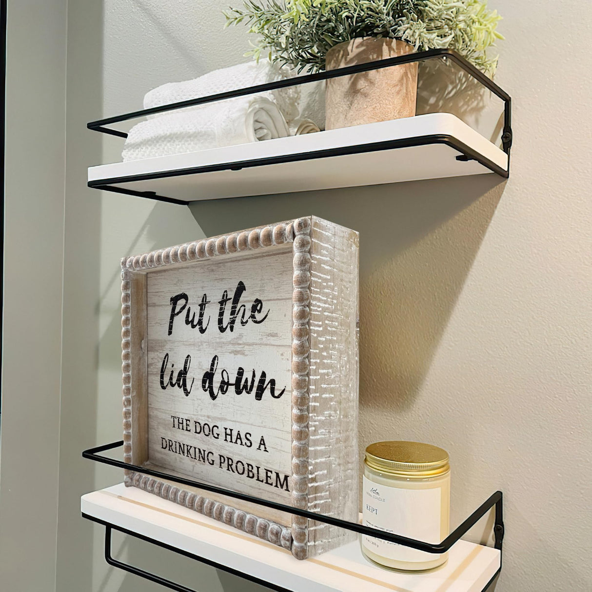 Please Close the Lid the Dog Has A Drinking Problem Funny Bathroom Signs, 6.3" White Decorative Plaque Dog Home Rustic Farmhouse Bathroom Shleves Decor, Wooden Framed Small House Decorations Fenisam