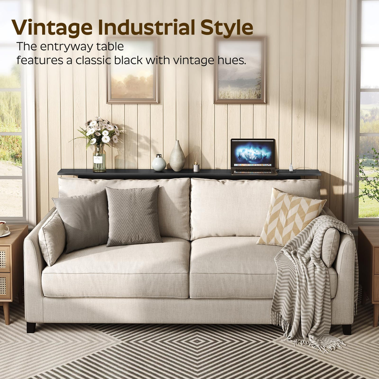 YATINEY 70.9" Skinny Console Table with Power Outlets, 5.9" Sofa Tables Narrow Long, Industrial Behind Couch Table, for Hallway, Entryway, Living Room, Black CT185UBB YATINEY