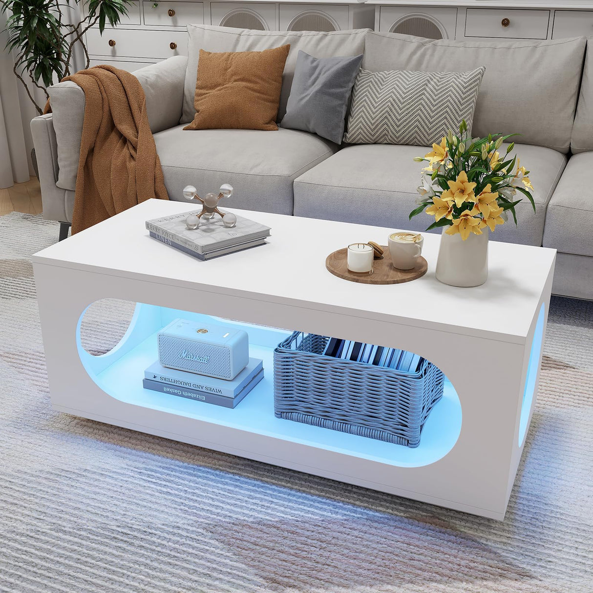 HedoAjim 43" White Led Coffee Table for Living Room, Modern Living Room Table Rectangular Contemporary Center Table with Storage, Wooden Coffee Tables with LED Lights for Dining Reception Room HedoAjim