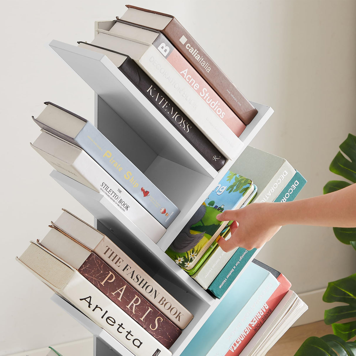 VECELO 7-Tier Tree Bookshelf with Drawer, Wooden Tree-Shaped Book Display Shelves for CDs/Magazines/Books, FreeStanding Geometric Bookcase Organizers for Home Office, Ivory White VECELO