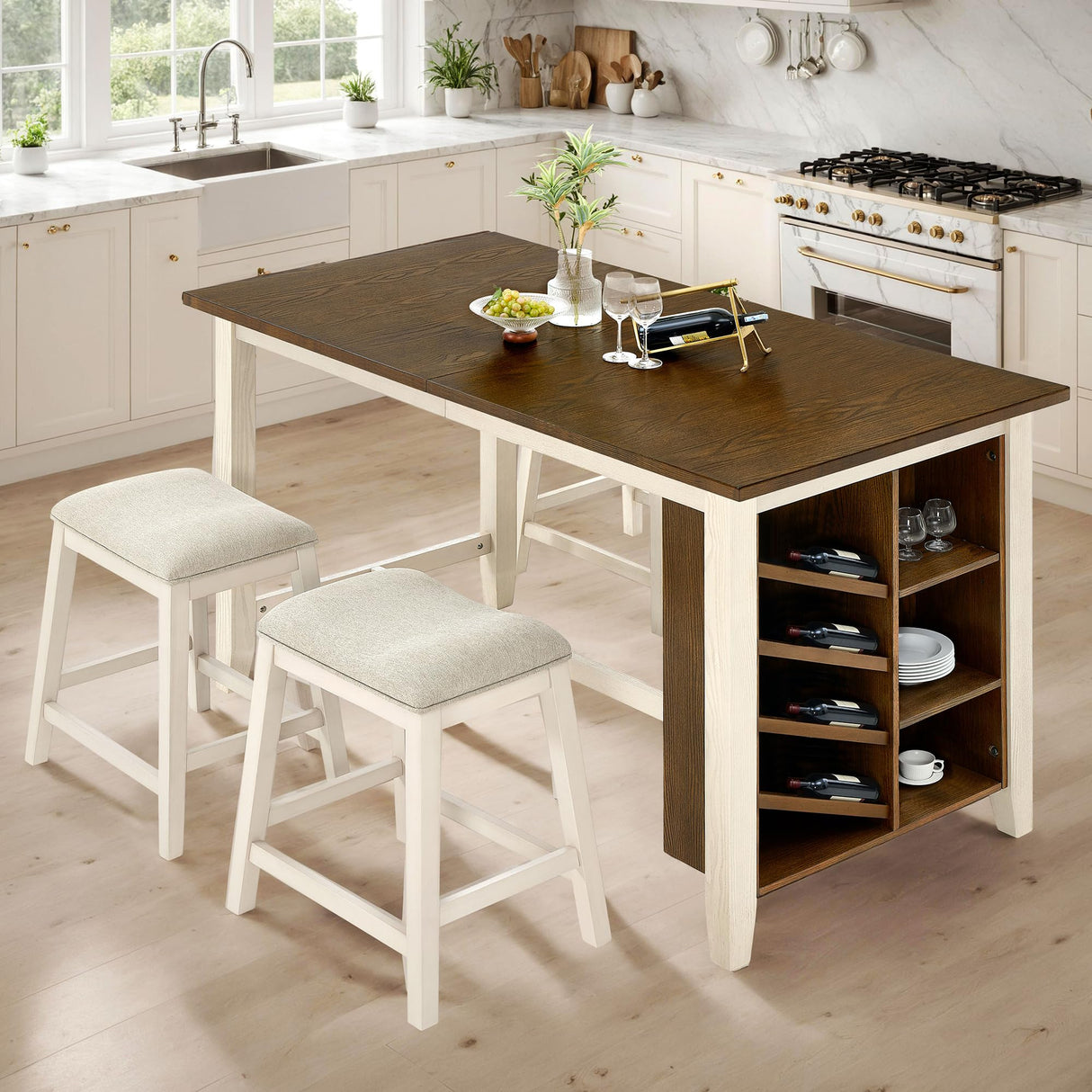 AMERLIFE 5-Piece Solid Wood Counter Height Kitchen Island Table Set with Storage, Farmhouse Dining Table & Upholstered Stools, Rustic Brown & White AMERLIFE