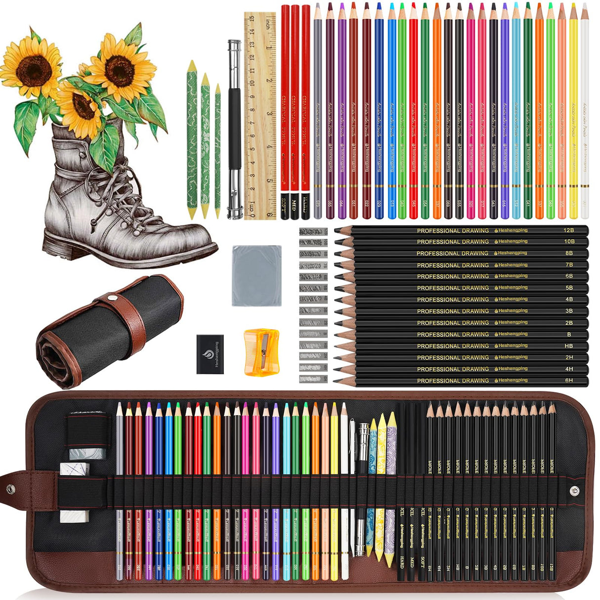 Sketching Drawing Art Pencil Kit-50 Piece Set with 24 Color Pencils for Adult Kid Coloring Books, 14 Graphite 3 Charcoal Erasers Etc., Artist Supplies Ideal for Adult, Kid,Student, Beginner Heshengping