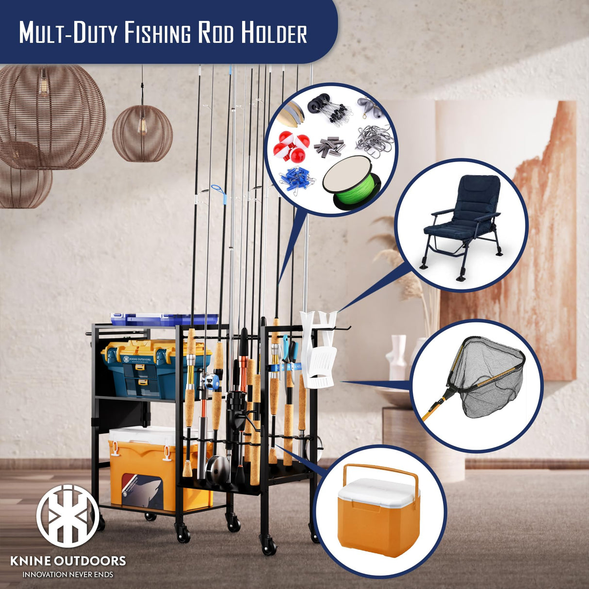 KNINE OUTDOORS Garage Fishing Pole Holders - 12 Rod Holders, 3 Layers of Storage Space for Fishing Gear and Equipment KNINE OUTDOORS