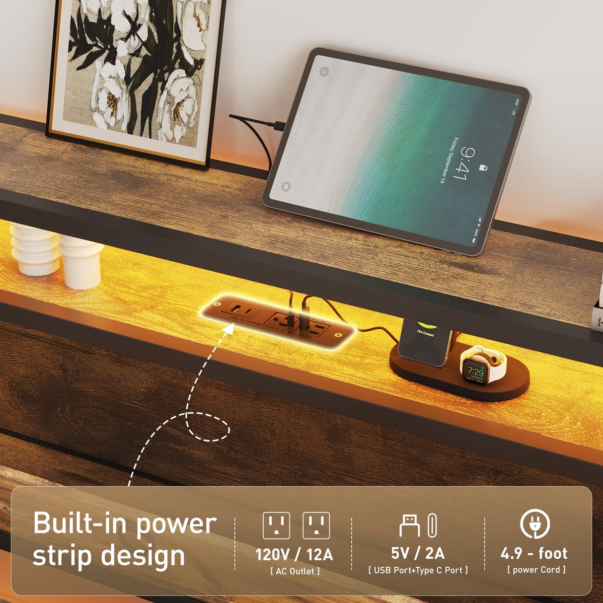 Fameill Full Size Bed Frame with Storage Ottoman and 2 Drawers, Farmhouse Metal Platform Bed with Headboard, LED Lights and Charging Station, No Box Spring Needed, Noise Free, Brown Fameill