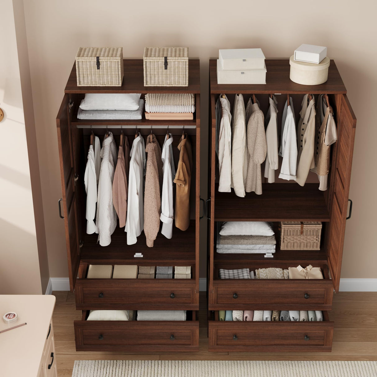 GarveeHome Armoire Wardrobe Closet with 2 Drawers,72 in Wooden Wardrobe Cabinet with Hanging Rod, Tall Clothing Armoire Cabinet with Doors and 18 Adjustable Shelves for Bedroom, Clothes,Walunt Brown GarveeHome