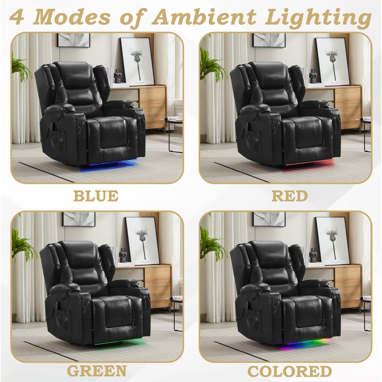 DRMBOOK Leather Rocker Recliner Chairs for Adults, 360° Swivel Rocking Theater Seating with Heat and Massage, Oversized Single Sofa with Led Lights for Living Room (Black,Single Chair) DRMBOOK