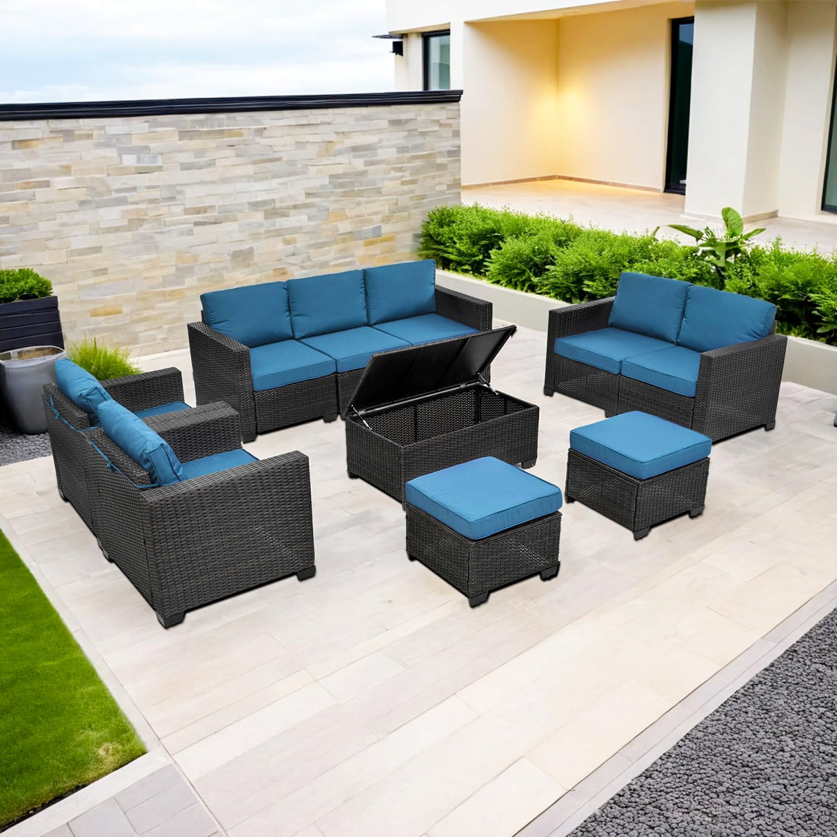 HiDSLiving 10 Pieces Patio Furniture Sets Outdoor,Manual Weaving Wicker Rattan Sectional Sofa Patio Conversation Sets with Cushions & Coffee Table with Hidden Storage for Outside, Balcony, Porch HiDSLiving