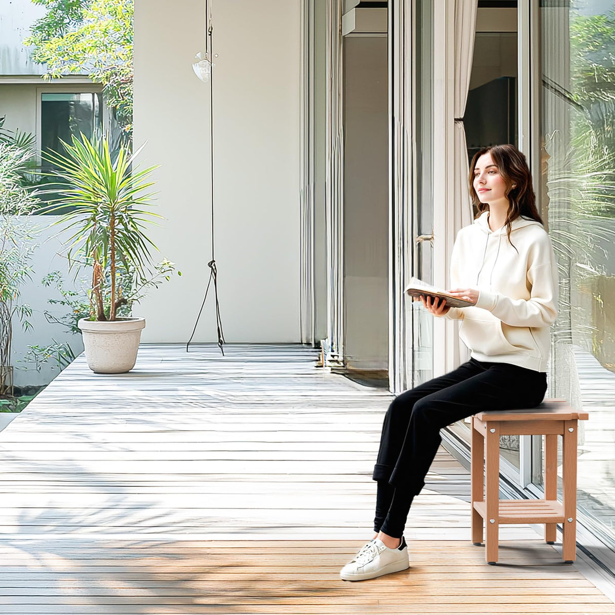 VINGLI 18 Inch HDPE Outdoor Patio Garden Small Bench Seat, Waterproof Shower Bench, Backless HDPE Stools Chairs for Inside Shower, Outdoor Short Stools (Teak) VINGLI