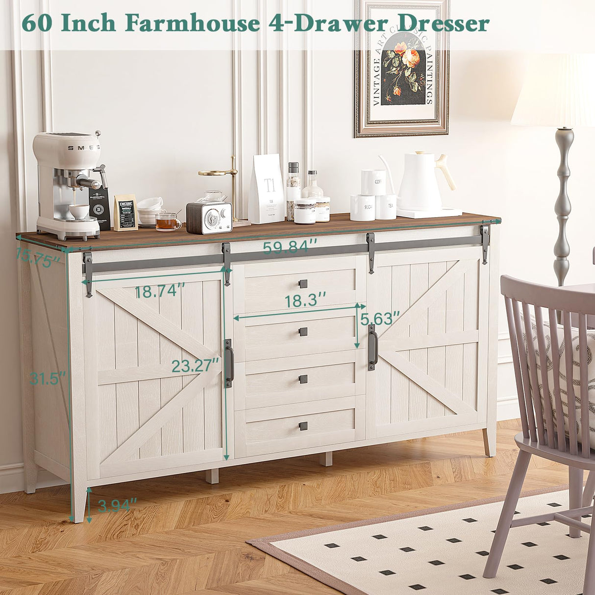 GlouMod 60 Inch Farmhouse 4 Drawers Dresser for Bedroom with Sliding Barn Doors, Natural Texture Wood Rustic Chest of Drawers for Living Room Bedroom Hallway Neoclassical White GlouMod